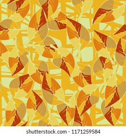 A seamless pattern consisting of autumn foliage, against a backdrop of chaotic lines.