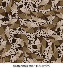 A seamless pattern consisting of autumn foliage, against a background of chaotic angular spots.