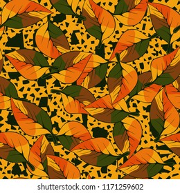A seamless pattern consisting of autumn foliage, against a background of chaotic angular spots.