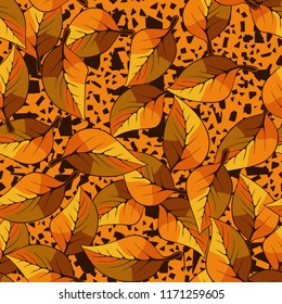 A seamless pattern consisting of autumn foliage, against a background of chaotic angular spots.