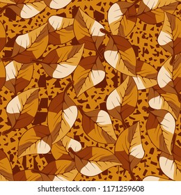A seamless pattern consisting of autumn foliage, against a background of chaotic angular spots.