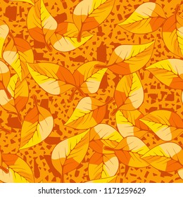 A seamless pattern consisting of autumn foliage, against a background of chaotic angular spots.