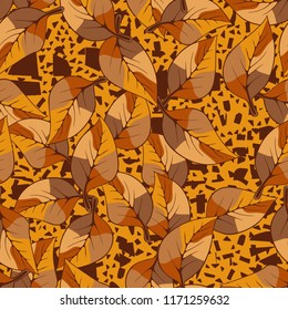 A seamless pattern consisting of autumn foliage, against a background of chaotic angular spots.