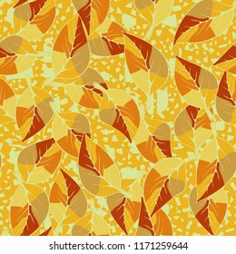 A seamless pattern consisting of autumn foliage, against a background of chaotic angular spots.