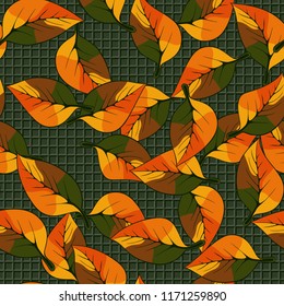A seamless pattern consisting of autumn foliage, against a pseudo-relief texture consisting of a network of squares.