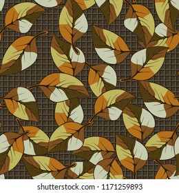 A seamless pattern consisting of autumn foliage, against a pseudo-relief texture consisting of a network of squares.