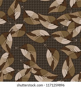 A seamless pattern consisting of autumn foliage, against a pseudo-relief texture consisting of a network of squares.