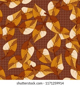A seamless pattern consisting of autumn foliage, against a pseudo-relief texture consisting of a network of squares.
