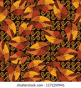 A seamless pattern consisting of autumn foliage, against a background of  texture consisting of curls.