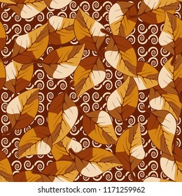 A seamless pattern consisting of autumn foliage, against a background of  texture consisting of curls.