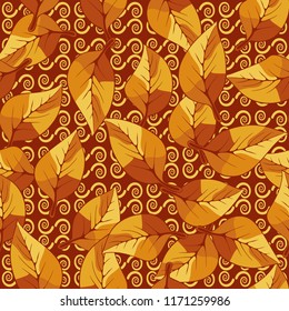 A seamless pattern consisting of autumn foliage, against a background of  texture consisting of curls.