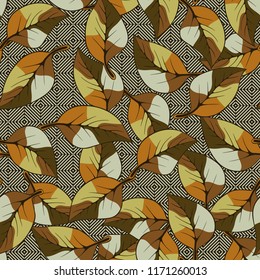 A seamless pattern consisting of autumn foliage, against a texture background consisting of diagonally striped squares.