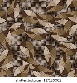 A seamless pattern consisting of autumn foliage, against a texture background consisting of diagonally striped squares.