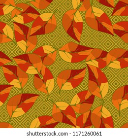 A seamless pattern consisting of autumn foliage, against a texture background consisting of diagonally striped squares.