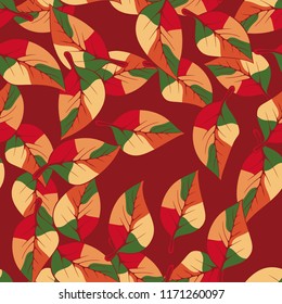 A seamless pattern consisting of autumn foliage, on a one-color background.