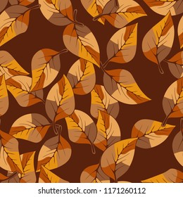 A seamless pattern consisting of autumn foliage, on a one-color background.