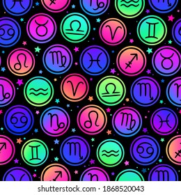 seamless pattern consisting of bright circles with zodiac icons