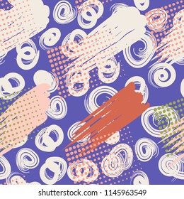 A seamless pattern consisting of canvasses painted with stains, greasy streaks and a background of curls made with a brush.