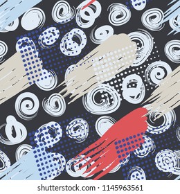 A seamless pattern consisting of canvasses painted with stains, greasy streaks and a background of curls made with a brush.