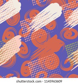 A seamless pattern consisting of canvasses painted with stains, greasy streaks and a background of spiral brush strokes.
