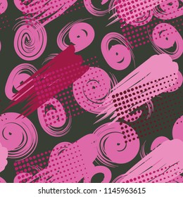 A seamless pattern consisting of canvasses painted with stains, greasy streaks and a background of spiral brush strokes.