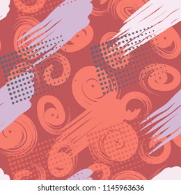 A seamless pattern consisting of canvasses painted with stains, greasy streaks and a background of spiral brush strokes.