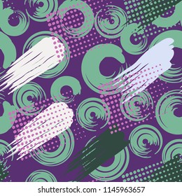 A seamless pattern consisting of canvasses painted with stains, greasy streaks and a background of round strokes made with paint.