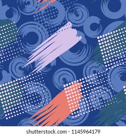 A seamless pattern consisting of canvasses painted with stains, greasy streaks and a background of round strokes made with paint.