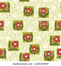 A seamless pattern consisting of carelessly drawn colors that are inscribed in squares. Against the backdrop of a grating consisting of overlapping seven-pointed stars.