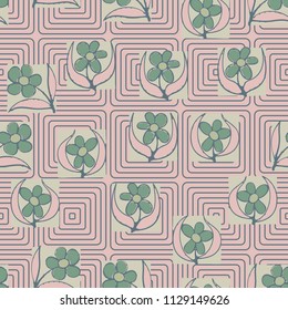 A seamless pattern consisting of carelessly drawn colors that are inscribed in squares. Against a background of concentric rounded squares.