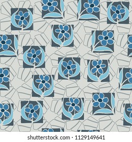 A seamless pattern consisting of carelessly drawn colors that are inscribed in squares. Against the background of rows consisting of broken pentagons.