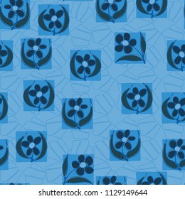 A seamless pattern consisting of carelessly drawn colors that are inscribed in squares. Against the background of rows consisting of broken pentagons.