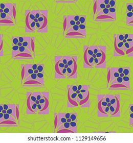 A seamless pattern consisting of carelessly drawn colors that are inscribed in squares. Against the background of rows consisting of broken pentagons.