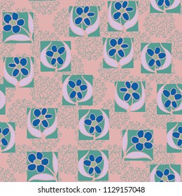A seamless pattern consisting of carelessly drawn colors that are inscribed in squares. Against the background of groups consisting of five-pointed stars.