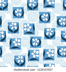 A seamless pattern consisting of carelessly drawn colors that are inscribed in squares. Against the background of groups consisting of five-pointed stars.