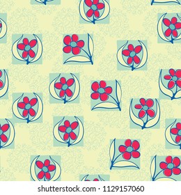 A seamless pattern consisting of carelessly drawn colors that are inscribed in squares. Against the background of groups consisting of five-pointed stars.