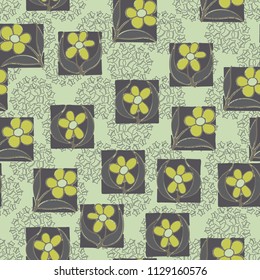 A seamless pattern consisting of carelessly drawn colors that are inscribed in squares. Against the background of groups consisting of five-pointed stars.