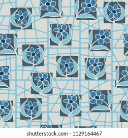 A seamless pattern consisting of carelessly drawn colors that are inscribed in squares. Against the background of a lattice consisting of broken squares.