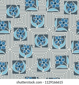 A seamless pattern consisting of carelessly drawn colors that are inscribed in squares. Against a background of concentric rounded squares.