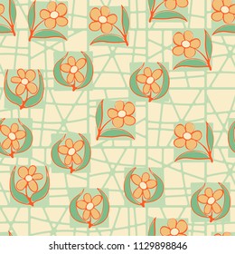 A seamless pattern consisting of carelessly drawn colors that are inscribed in squares. Against the background of a lattice consisting of broken squares.