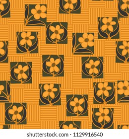A seamless pattern consisting of carelessly drawn colors that are inscribed in squares. A background consisting of striped squares forming a chess pattern.