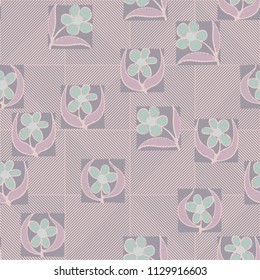 A seamless pattern consisting of carelessly drawn colors that are inscribed in squares. A background consisting of large diagonally striped squares.