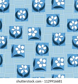 A seamless pattern consisting of carelessly drawn colors that are inscribed in squares. A background consisting of striped squares forming a chess pattern.