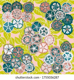 Seamless pattern consisting of carnation bouquets and leaves.