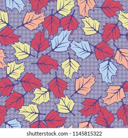 A seamless pattern consisting of chaotically located woody leaves.
The leaves are on a background of symbolic four-pointed stars inscribed in squares.