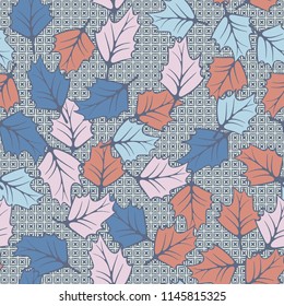 A seamless pattern consisting of chaotically located woody leaves.
The leaves are on a background of symbolic four-pointed stars inscribed in squares.