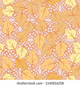 A seamless pattern consisting of chaotically located woody leaves.
The leaves are on the background of the square formations drawn by the arcs.