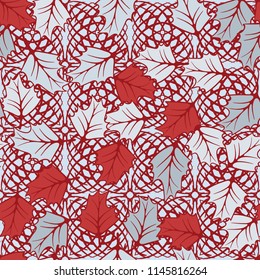 A seamless pattern consisting of chaotically located woody leaves.
The leaves are on the background of the square formations drawn by the arcs.