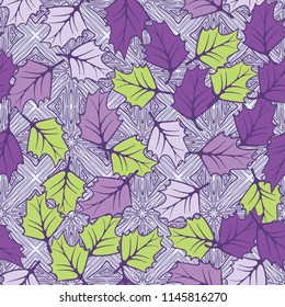 A seamless pattern consisting of chaotically located woody leaves.
The leaves are on the background of the formations of parquet-like slabs.