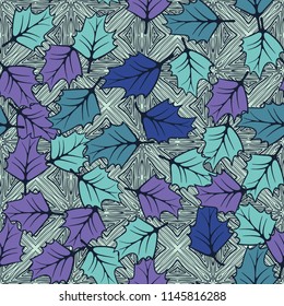 A seamless pattern consisting of chaotically located woody leaves.
The leaves are on the background of the formations of parquet-like slabs.